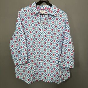 Foxcroft NYC Wrinkle Free Ikat Print Popover Tunic Top Blue Pink Sz 18W